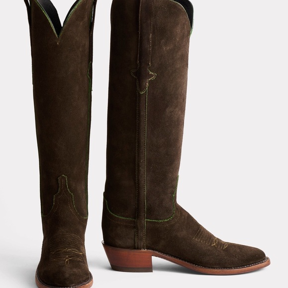 Lucchese Shoes - Lucchese Dark Brown Suede Edie boots with Green Stitching